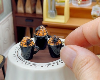 3 pieces Miniature Beverage Halloween Design,Miniature ceramic cup,Miniature Coffee,Dollhouse Halloween,Miniature Coffee