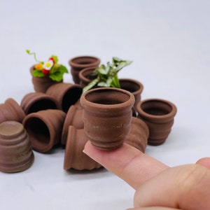 Pode incluir: Uma coleção de pequenos vasos de terracota marrons, alguns com plantas verdes, perfeitos para jardinagem em miniatura ou decoração de casas de bonecas.