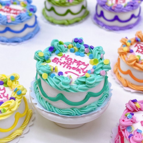 Miniature Happy birthday Cake Green color, Miniature sweet cake Dollhouse cake,Dolls and miniature