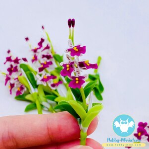 May include: A cluster of miniature purple and white orchid flowers with yellow centers. The flowers are made of polymer clay and are perfect for dollhouses or miniature gardens.