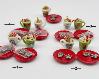 Conjunto de bebidas e biscoitos de Natal em miniatura: chá de casa de bonecas, 2 conjuntos