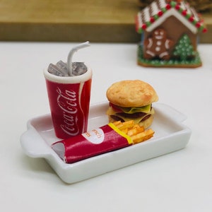 Miniature Burger with French Fried and Beverage in tray fairy for dollhouse