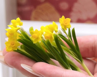 5 Bündel Narzisse Blume Gelb-Gelb aus Ton Polymer, Miniatur Garten 1:12 Puppenhaus