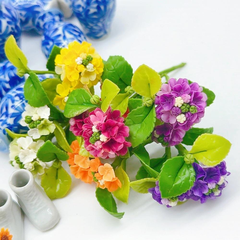 6 Air Dry Clay Mini Hydrangea, Mixed Color Dollhouse Flowers, 1:6