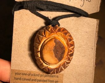 avocado pit pendant, hand carved, adjustable, recycled, avocado stone, natural jewelry, avocado pit art, eco friendly, vegan