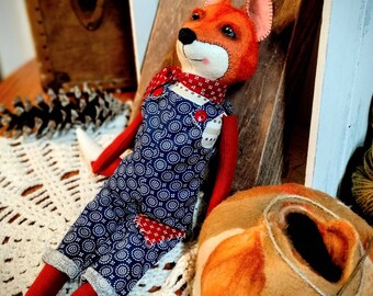 Heirloom hand stitched fox doll. Fairytale fox doll with felted eyes. Boy fox heirloom shelf sitter doll