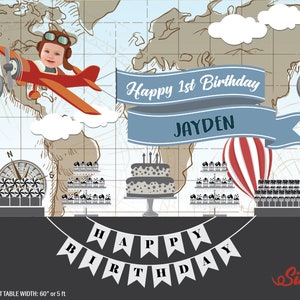 Personalized Vintage Airplane Birthday Printable Backdrop, Hot Air Balloon Aeroplane Backdrop Poster, Photobooth Sign, Birthday Poster