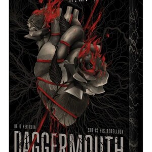 May include: A book cover featuring a black background with a central anatomical heart wrapped in red string and a black rose. The text reads USA TODAY BESTSELLING AUTHOR H.M. WOLFE, HE IS HER RUIN, SHE IS HIS REBELLION, and the title DAGGERMOUTH.