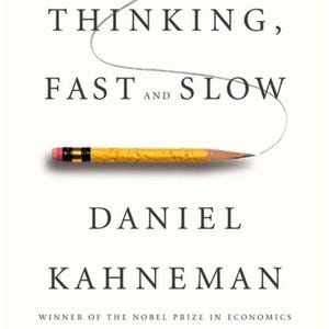 May include: Book cover for "Thinking, Fast and Slow" by Daniel Kahneman. The title is in large, bold letters with a pencil graphic. The book is a New York Times bestseller and winner of the Nobel Prize in Economics.
