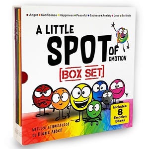 May include: A Little Spot of Emotion Box Set. The cover features the title in large black letters, with colorful cartoon spots representing different emotions. Includes 8 emotion books. Written and illustrated by Diane Alber.