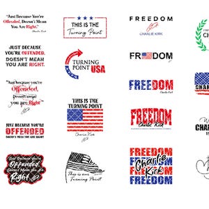 Op de afbeelding: Een verzameling digitale ontwerpen met patriottische thema's en citaten. Ontwerpen bevatten de woorden "Vrijheid", "Turning Point" en citaten als "Alleen omdat je beledigd bent, wil nog niet zeggen dat je gelijk hebt". De ontwerpen zijn in rood, wit en blauw.