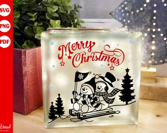 Merry Christmas, 2 Snowman on Sled, Tree, Christmas sign, Glass block, image, PNG SVG PDF