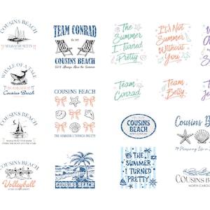Puede incluir: Una colección de diseños digitales SVG, PNG, EPS y DXF con temática de playa. Los diseños presentan textos como "Cousins Beach", "Team Conrad" y "The Summer I Turned Pretty", junto con ilustraciones de veleros y conchas marinas.