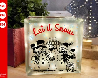 Laissez-le neiger, 2 familles de bonhommes de neige, panneau de Noël, bloc de verre, image, PNG SVG PDF