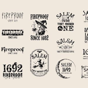 Könnte beinhalten: Eine Sammlung von schwarz-weißen digitalen Designs zum Thema Halloween. Die Designs enthalten Texte wie "Fireproof Since 1692" und "Salem 1692 They Missed One" sowie Illustrationen von Hexen und Fledermäusen. Formate: SVG, PNG, EPS und DXF.