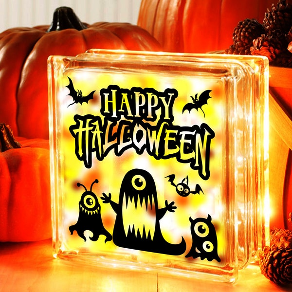 Happy Halloween, bat, monster,Halloween sign, Glass block, image, PNG SVG PDF