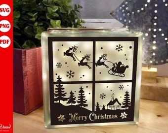 Merry Christmas, Deer Santa Sleigh, window, Christmas sign, Glass block, image, PNG SVG PDF