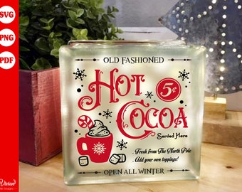 Hot Cocoa, Christmas sign, Glass block, image, PNG SVG PDF