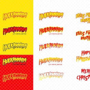 Puede incluir: Gráficos digitales con el texto "Hulkamania" en una fuente audaz, con variaciones que incluyen "Lives Forever, Brother!", "Happy Halloween!" y "Merry Christmas!". Presentado sobre fondos amarillos y rojos.