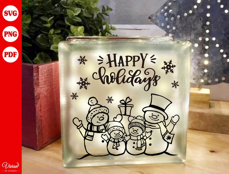 Joyeux Noël, 4 Famille bonhomme de neige, Panneau de Noël, Bloc de verre, image, PNG SVG PDF image 1