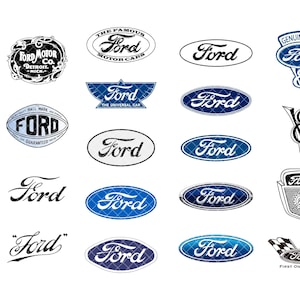Puede incluir: Una colección de logotipos y emblemas de Ford en varios estilos. Incluye el logotipo de Ford Motor Co., diseños ovalados y el emblema "Genuine Parts". Los logotipos son en negro, blanco y azul.