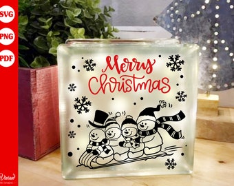 Merry Christmas, 4 Snowman Sled, Christmas sign, Glass block, image, PNG SVG PDF