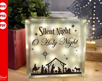 Silent light O holly night, nativity, Christmas sign, Glass block, image, PNG SVG PDF