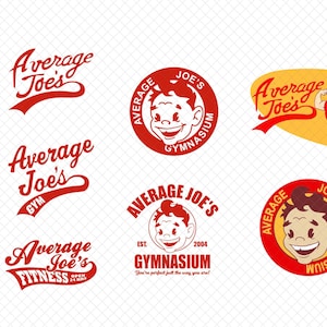 May include: Six different logo designs for a gym called "Average Joe's Gymnasium". The logos feature a cartoon character with a red and yellow color scheme. The text "Average Joe's" is featured in a red, white, and yellow color scheme. The logos include the text "Gymnasium", "Gym", and "Fitness".