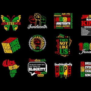 May include: A selection of Juneteenth-themed graphics in red, yellow, green, and black. The designs feature text, fists, and a butterfly. The designs are available in SVG, PNG, EPS, and DXF formats.