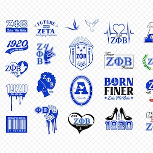 May include: A collection of blue and white Zeta Phi Beta sorority graphics. Designs include text, hearts, and symbols, suitable for digital art or crafting projects. Includes the text "1920".