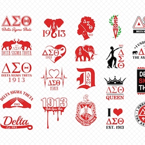 Może przedstawiać: Kolekcja czerwonych grafik o tematyce bractwa Delta Sigma Theta. Projekty obejmują litery bractwa, słonie, sylwetki, korony i rok 1913. Grafiki nadają się do różnych projektów rzemieślniczych.