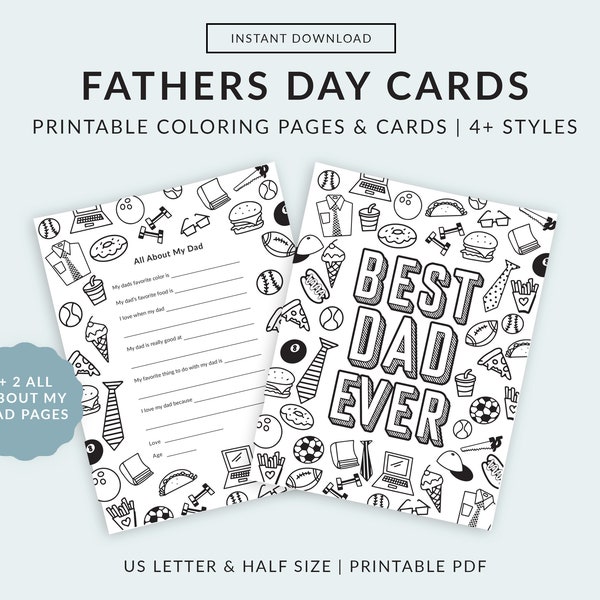 Printable Father's Day Card | Fathers Day Coloring Page for Kids, Craft Classroom Activity for Dad, Fathers Day Gift, Download Card for Dad