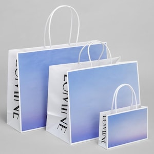 May include: Three white paper shopping bags with blue gradient designs and the word "LUMINE" printed on the side. The bags are arranged in descending size order.