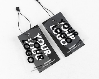 May include: Two black and white hang tags with clear plastic inserts. The tags have the text "YOUR LOGO" printed on them in a bold, white font. The text "custom4u custom4u" and the website address "custom4u.en.alibaba.com" are printed on the bottom of the tags.