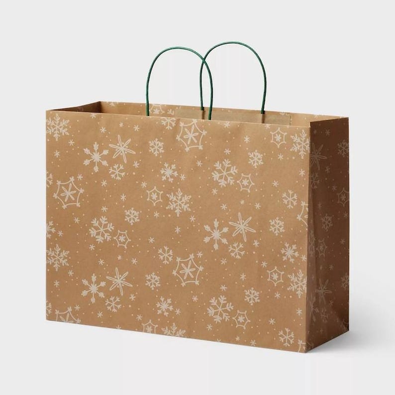 May include: A brown paper gift bag with green handles and a white snowflake pattern.