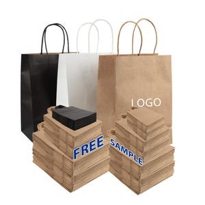 100pcs Customized kraft Paper Bag with Logo, Gift Bags, White Clothes Merchandise Bags, Personalized High Quality Eco-Friendly Shopping Bags