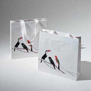 May include: Two white paper shopping bags with white handles. The bags feature a colorful illustration of toucans and parrots on a branch. The larger bag has the text "MODERN BIRD BAR" printed on the front.