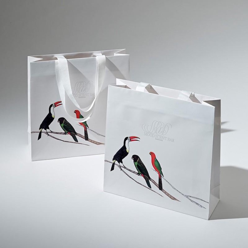 May include: Two white paper shopping bags with white handles. The bags feature a colorful illustration of toucans and parrots on a branch. The larger bag has the text "MODERN BIRD BAR" printed on the front.
