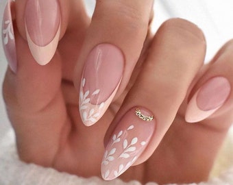 Blossom in Beige | Pink French Tip with White Flower Press On Nails