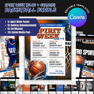 May include: A basketball-themed bundle with blue and orange graphics, including a Spirit Week poster, hallway announcements, certificates, and social media posts. The Canva-editable templates feature a basketball and net design.