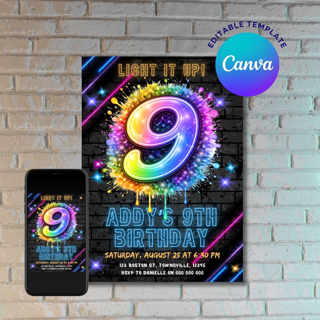 Neon 9th Birthday Invitation, Glow Party Invite (editable Digital ...