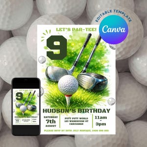 May include: A digital birthday invitation template featuring a large green number 9, two golf clubs, and a golf ball on grass. The text reads LET'S PAR-TEE, HUDSON'S BIRTHDAY, SATURDAY 7TH AUGUST, PUTT PUTT WORLD 123 WAREHOUSE ST CARINGBAH 11am-3pm.