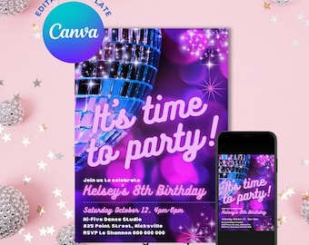Pode incluir: Um convite para uma festa com um design de bola de discoteca e o texto "It's time to party!" em roxo. O convite é para o 8º aniversário de Kelsey, com a data, hora e detalhes do local. Um smartphone exibe o mesmo convite.