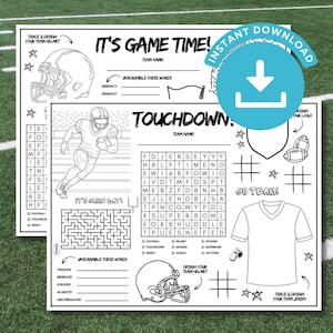 May include: A black and white printable activity sheet featuring football-themed games including a word search, a maze, unscramble word puzzles, and outlines of a football helmet and jersey for coloring, with the text IT'S GAME TIME and TOUCHDOWN.
