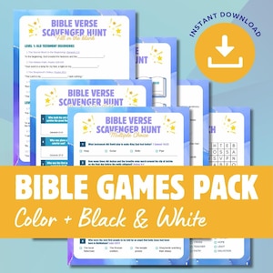 Bible Games Pack Printable Sunday School Activity Sheets PDF, Kids Youth Group Scripture Scavenger Hunt Puzzles, Word Search Answers Canva