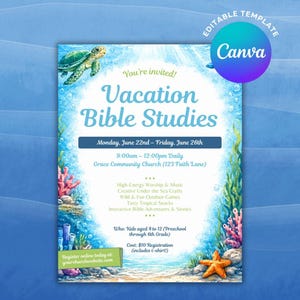 Editable Vacation Bible School Flyer, VBS Under the Sea Invitation Template, Church Event Poster Printable, Ocean Scripture