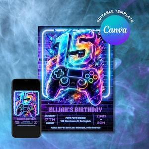 May include: An editable digital birthday invitation template featuring a neon-style number 15 and a video game controller graphic against a dark brick wall background. The text includes Elijah's Birthday, Saturday 7th August, Putt Putt World, 123 Warehouse St Caringbah, 11am-3pm, and RSVP details.