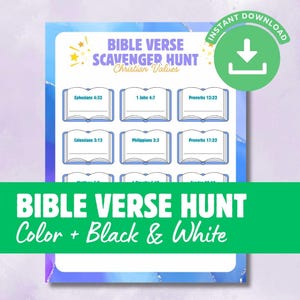 Może przedstawiać: Arkusz aktywności do druku Bible Verse Scavenger Hunt z niebiesko-fioletową obwódką akwarelową. Strona zawiera tytuł BIBLE VERSE SCAVENGER HUNT Christian Values oraz rzędy ikon otwartych ksiąg z konkretnymi cytatami z wersetów.