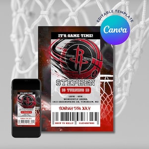 May include: A birthday party invitation featuring a Houston Rockets basketball design. The invitation includes the text "IT'S GAME TIME!" and "STEPHEN IS TURNING 13". The invitation also includes the date, time, and location of the party.