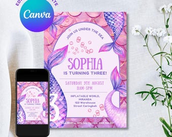 Editable Mermaid Birthday Invitation Template, Under the Sea Birthday Party Invite, Pink Mermaid Tail Invitation, Canva Template